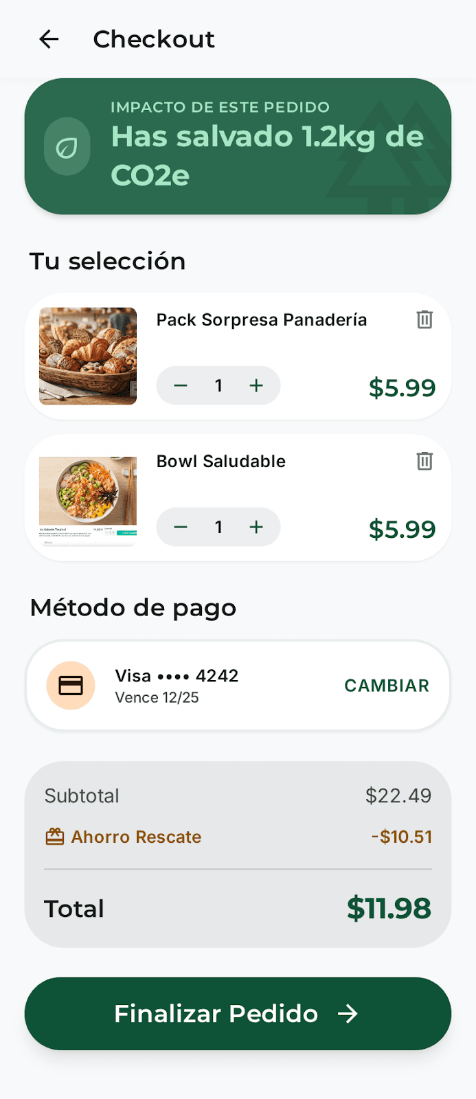 Pantalla móvil de Pa Lleva con carrito y pago